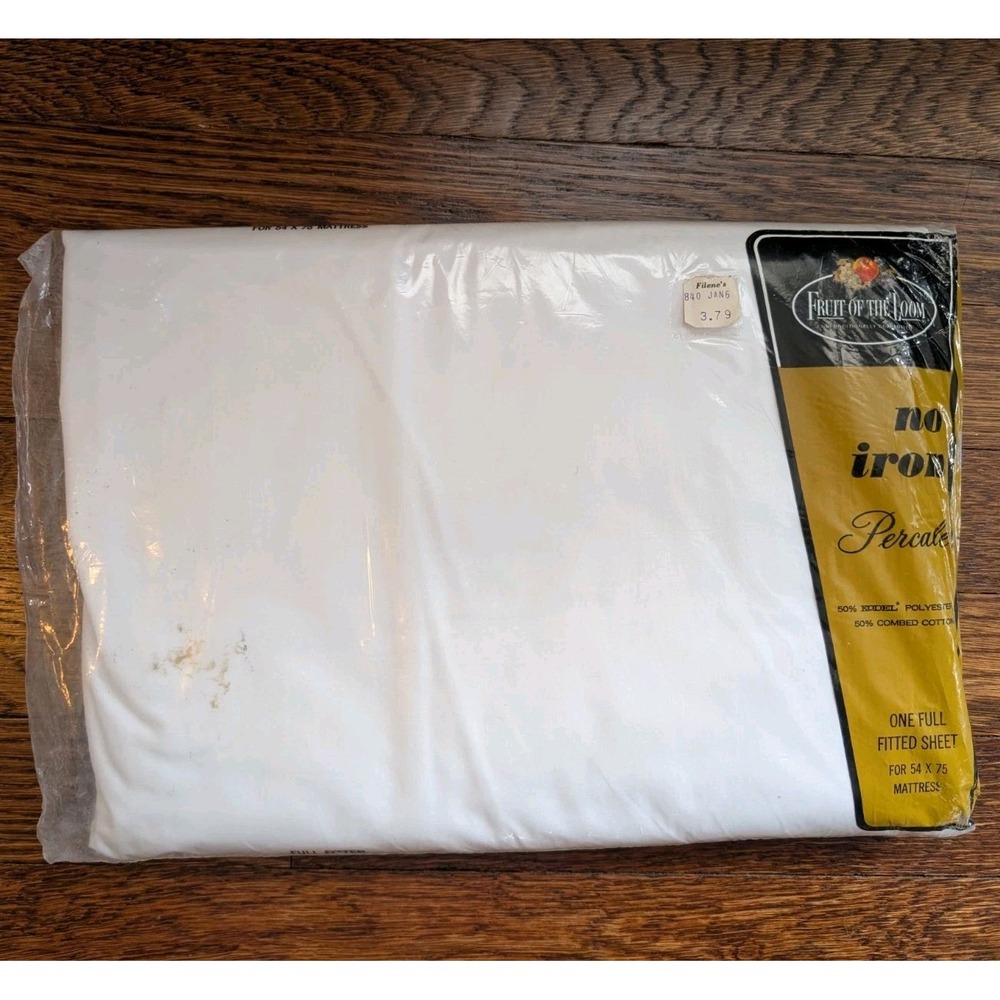 Vtg New Fruit of the Loom Percale 50/50 Poly Cotton White Double Fitted Sheet